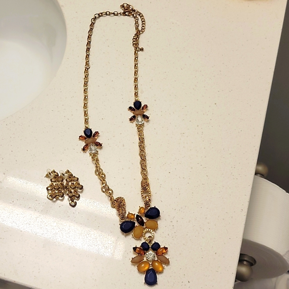 Charming Charlie Gold, Blue, and Brown Necklace and Earring set